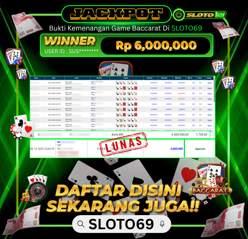 Bukti Jackpot LUNAS SLOTO69: Rp 6.000.000 dari BACCARAT