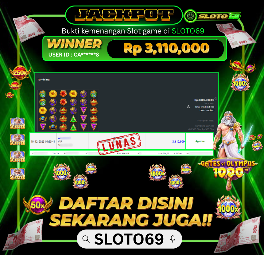 Bukti Jackpot LUNAS SLOTO69: Rp 3.110.000 dari PRAGMATIC PLAY : GATES OF OLYMPUS 1000