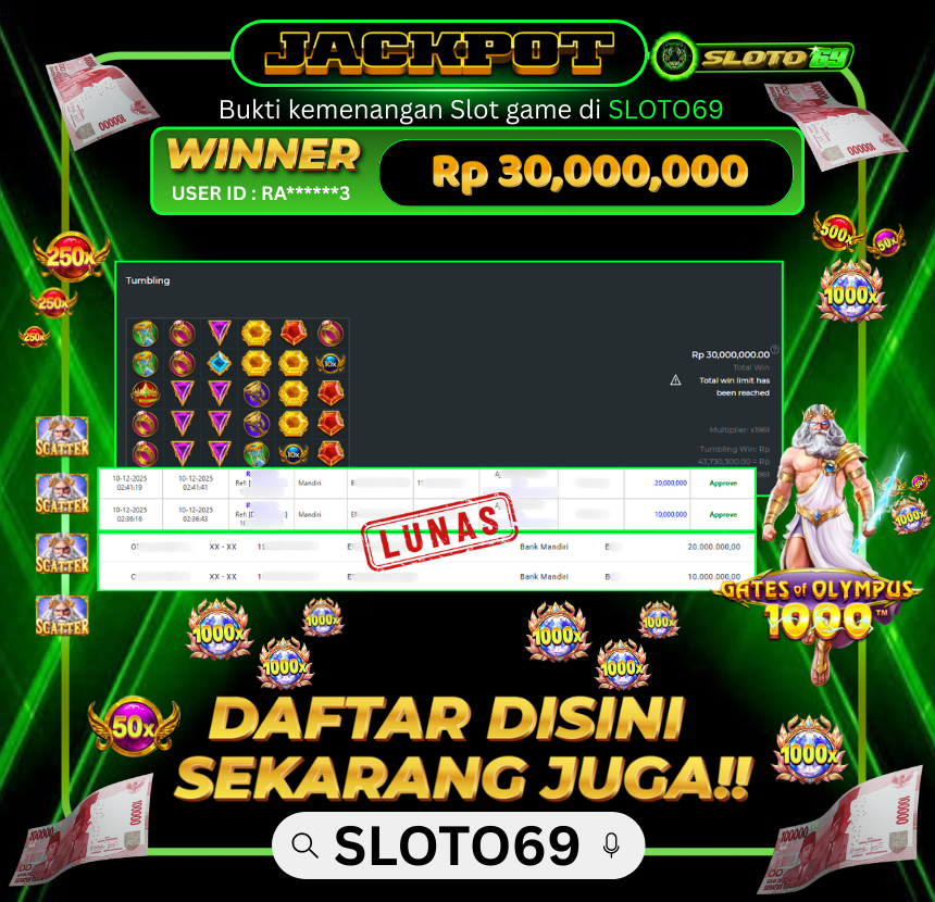 Bukti Jackpot LUNAS SLOTO69: Rp 30.000.000 dari PRAGMATIC PLAY : GATES OF OLYMPUS 1000