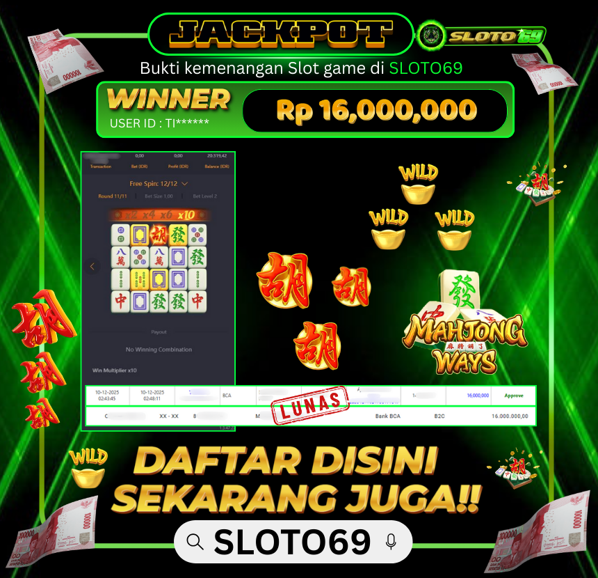 Bukti Jackpot LUNAS SLOTO69: Rp 16.000.000 dari PG SOFT : MAHJONG WAYS