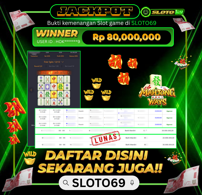 Bukti Jackpot LUNAS SLOTO69: Rp 80.000.000 dari PG SOFT : MAHJONG WAYS