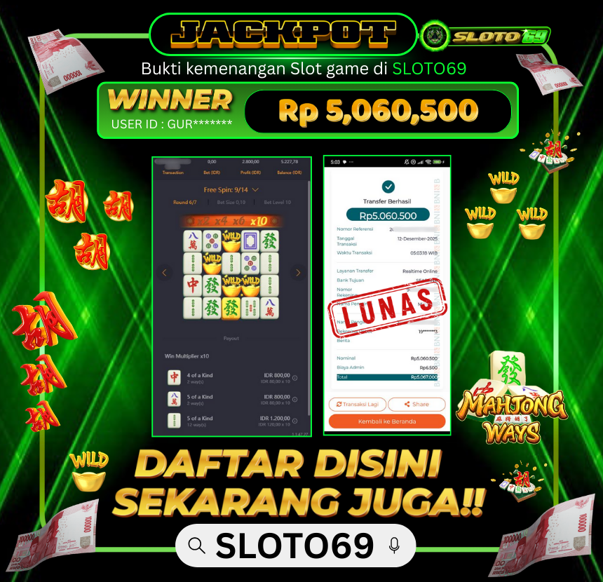 Bukti Jackpot LUNAS SLOTO69: Rp 5.060.500 dari PG SOFT : MAHJONG WAYS