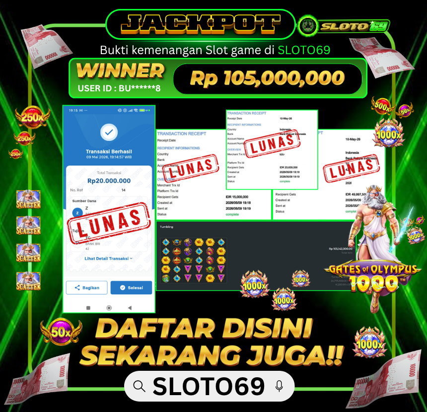 Bukti Jackpot LUNAS SLOTO69: Rp 105.000.000 dari PRAGMATIC PLAY : GATES OF OLYMPUS 1000