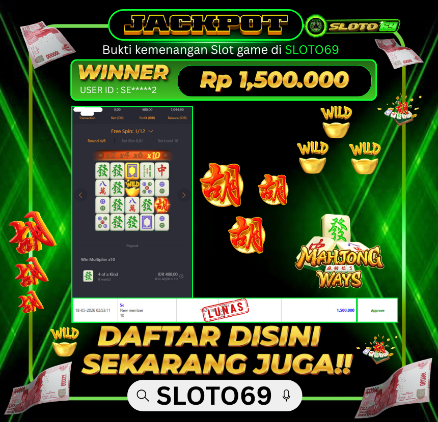 Bukti Jackpot LUNAS SLOTO69: Rp 1.500.000 dari PGSOFT : MAHJONG WAYS 