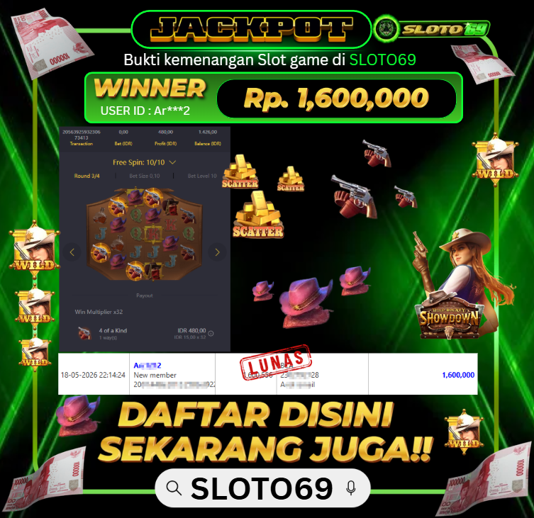 Bukti Jackpot LUNAS SLOTO69: Rp 1.600.000 dari PG SOFT : WILD BOUNTY SHOWDOWN