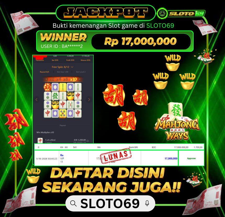 Bukti Jackpot LUNAS SLOTO69: Rp 17.000.000 dari PGSOFT : MAHJONG WAYS 