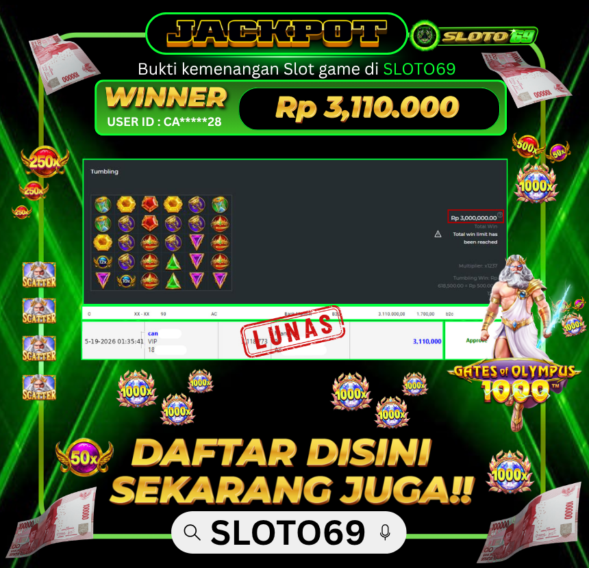 Bukti Jackpot LUNAS SLOTO69: Rp 3.110.000 dari PRAGMATIC PLAY : GATES OF OLYMPUS 1000