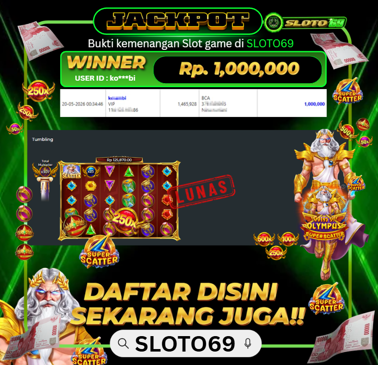 Bukti Jackpot LUNAS SLOTO69: Rp 1.000.000 dari PRAGMATIC PLAY : GATES OF OLYMPUS SUPER SCATTER
