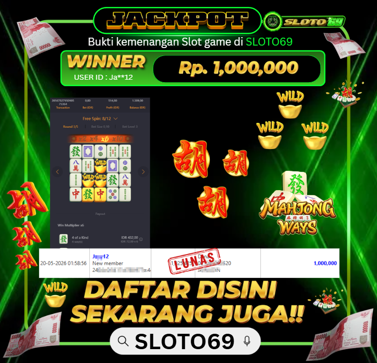 Bukti Jackpot LUNAS SLOTO69: Rp 1.000.000 dari PGSOFT : MAHJONG WAYS