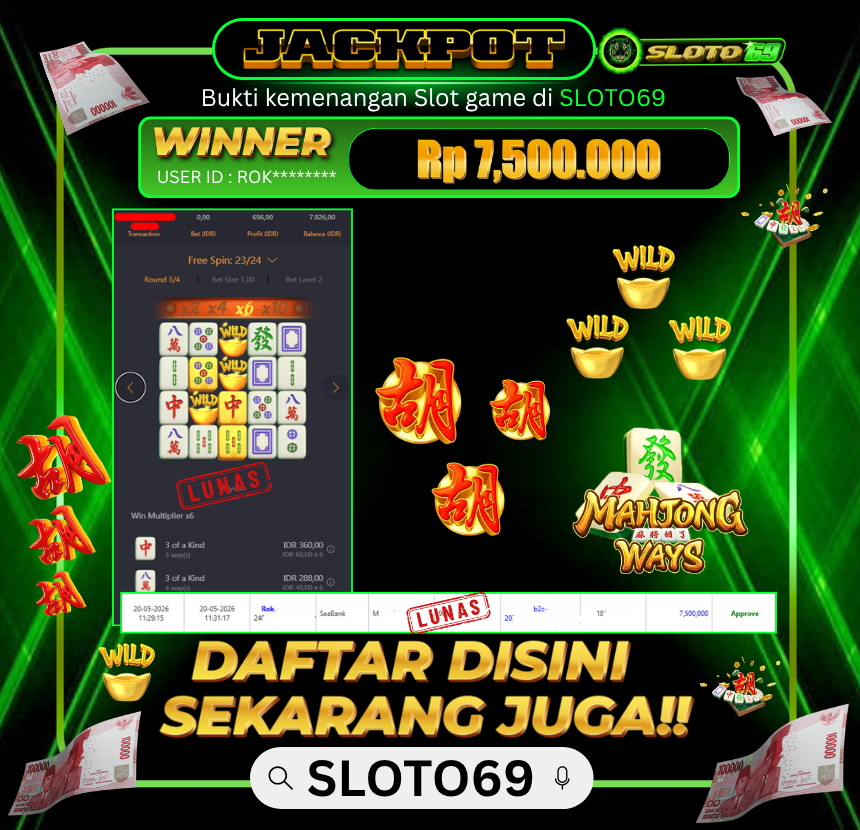 Bukti Jackpot LUNAS SLOTO69: Rp 7.500.000 dari PGSOFT : MAHJONG WAYS 