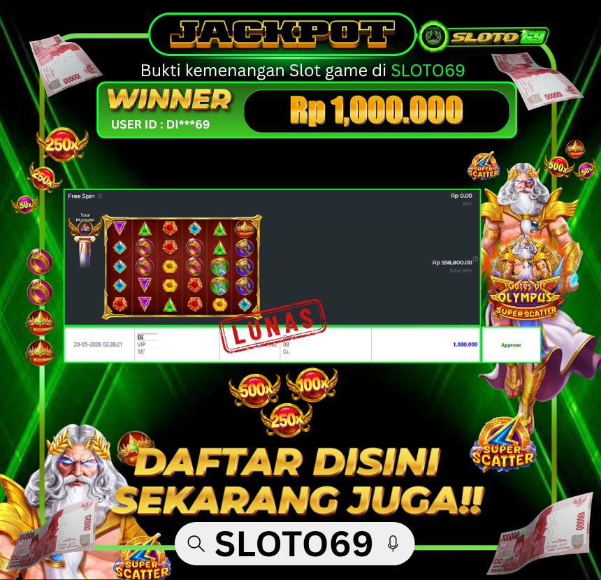 Bukti Jackpot LUNAS SLOTO69: Rp 1.000.000 dari PRAGMATIC PLAY : GATES OF OLYMPUS SUPER SCATTER