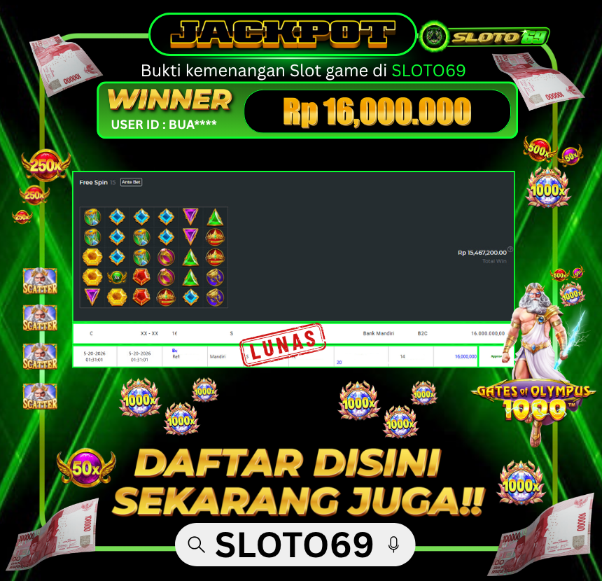 Bukti Jackpot LUNAS SLOTO69: Rp 16.000.000 dari PRAGMATIC PLAY : GATES OF OLYMPUS 1000