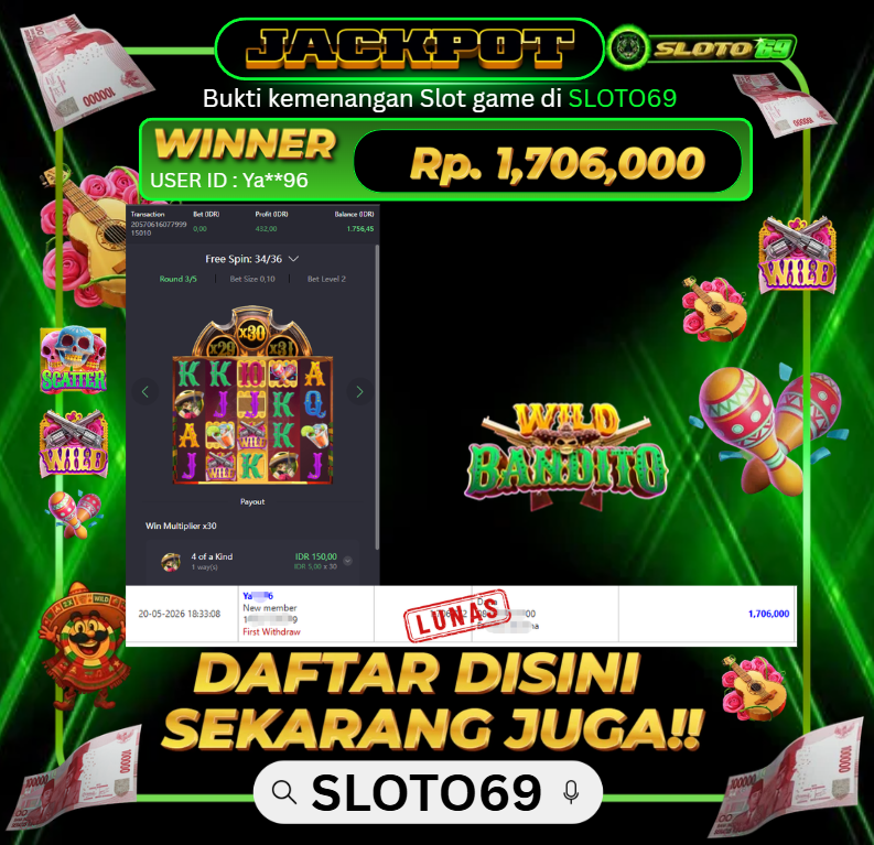 Bukti Jackpot LUNAS SLOTO69: Rp 1.706.000 dari PGSOFT : WILD BANDITO