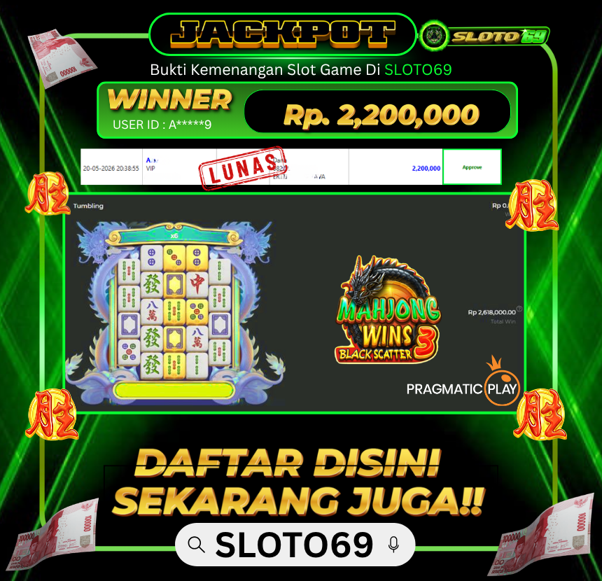Bukti Jackpot LUNAS SLOTO69: Rp 2.200.000 dari Mahjong Wins 3 - Black Scatter