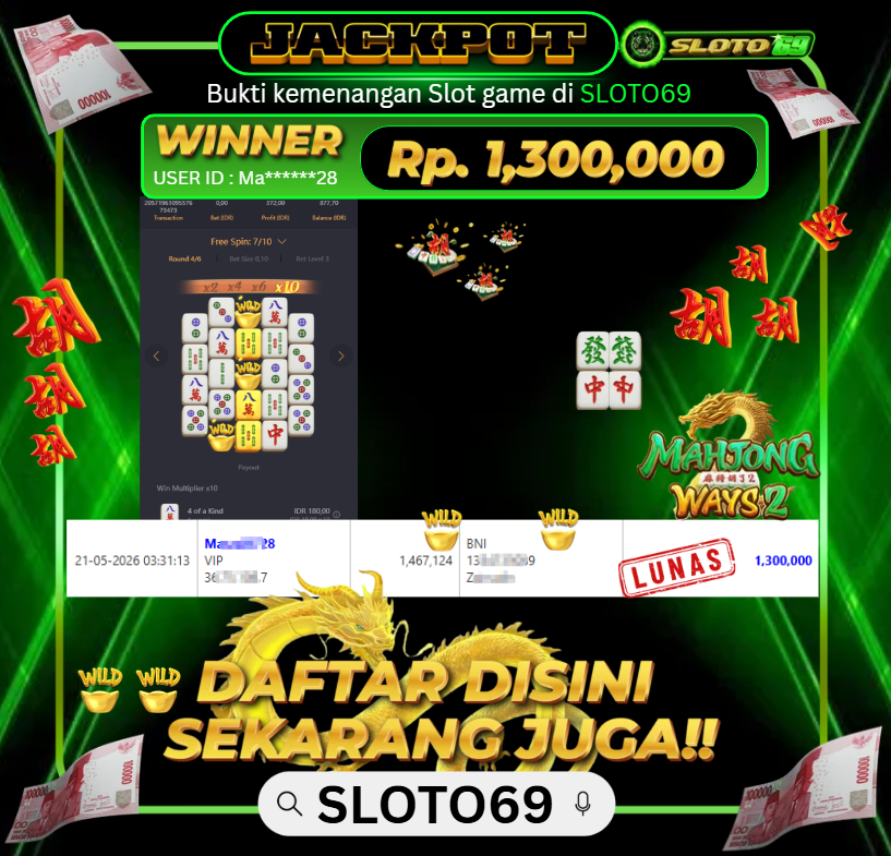 Bukti Jackpot LUNAS SLOTO69: Rp 1.300.000 dari PGSOFT : MAHJONG WAYS 2