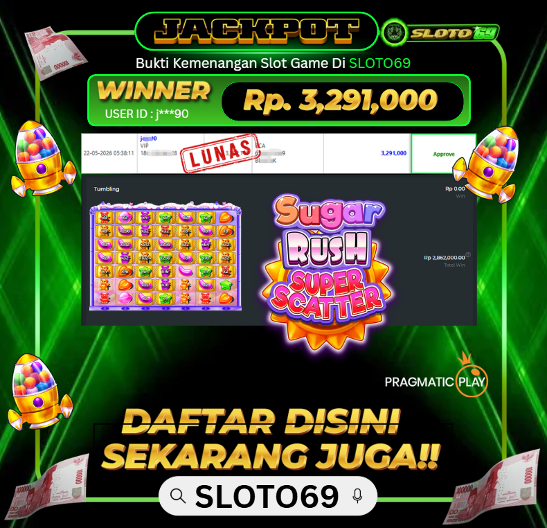 Bukti Jackpot LUNAS SLOTO69: Rp 3.291.000 dari PRAGMATIC PLAY : SUGAR RUSH SUPER SCATTER