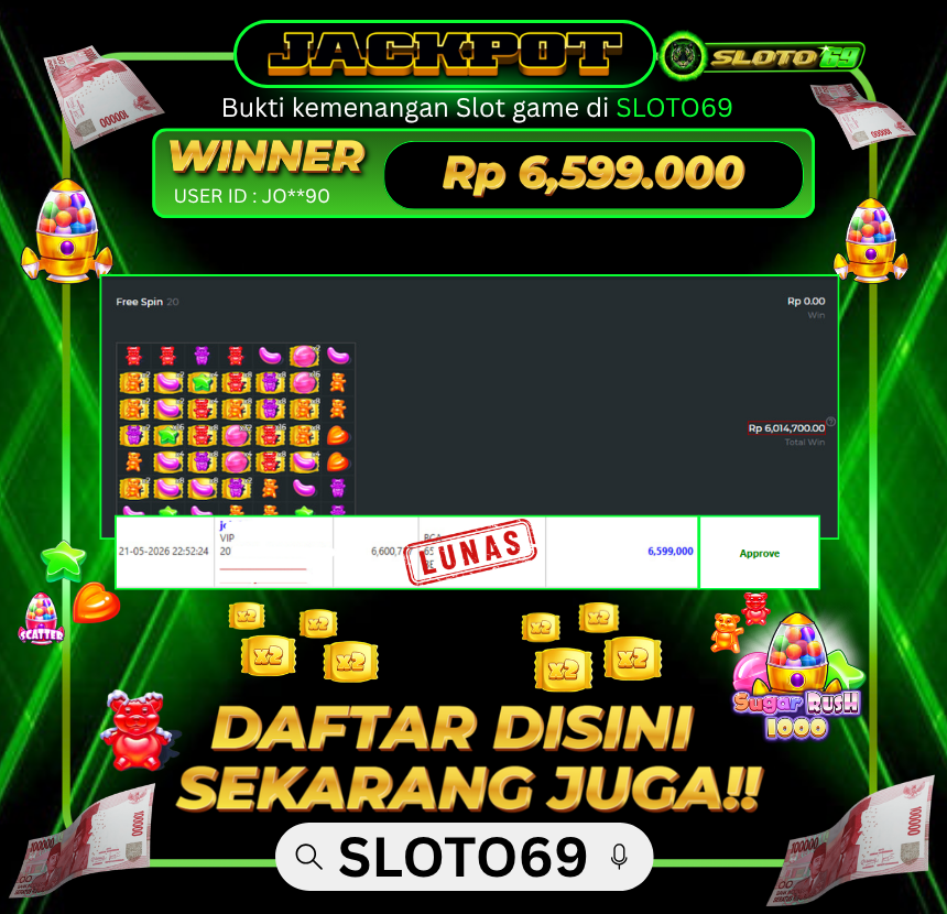 Bukti Jackpot LUNAS SLOTO69: Rp 6.599.000 dari PRAGMATIC PLAY : SUGAR RUSH 1000