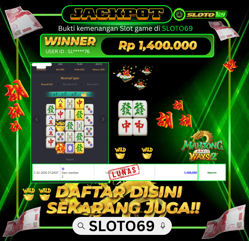 Bukti Jackpot LUNAS SLOTO69: Rp 1.400.000 dari PG SOFT : MAHJONG WAYS 2