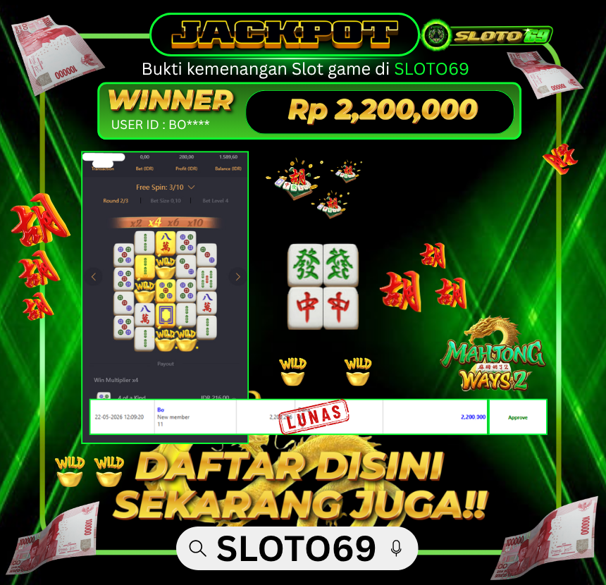 Bukti Jackpot LUNAS SLOTO69: Rp 2.200.000 dari PG SOFT : MAHJONG WAYS 2