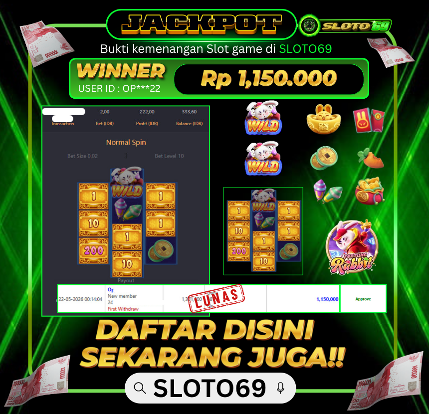 Bukti Jackpot LUNAS SLOTO69: Rp 1.150.000 dari PG SOFT : FORTUNE RABBIT