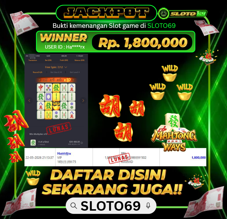 Bukti Jackpot LUNAS SLOTO69: Rp 1.800.000 dari PG SOFT : MAHJONG WAYS