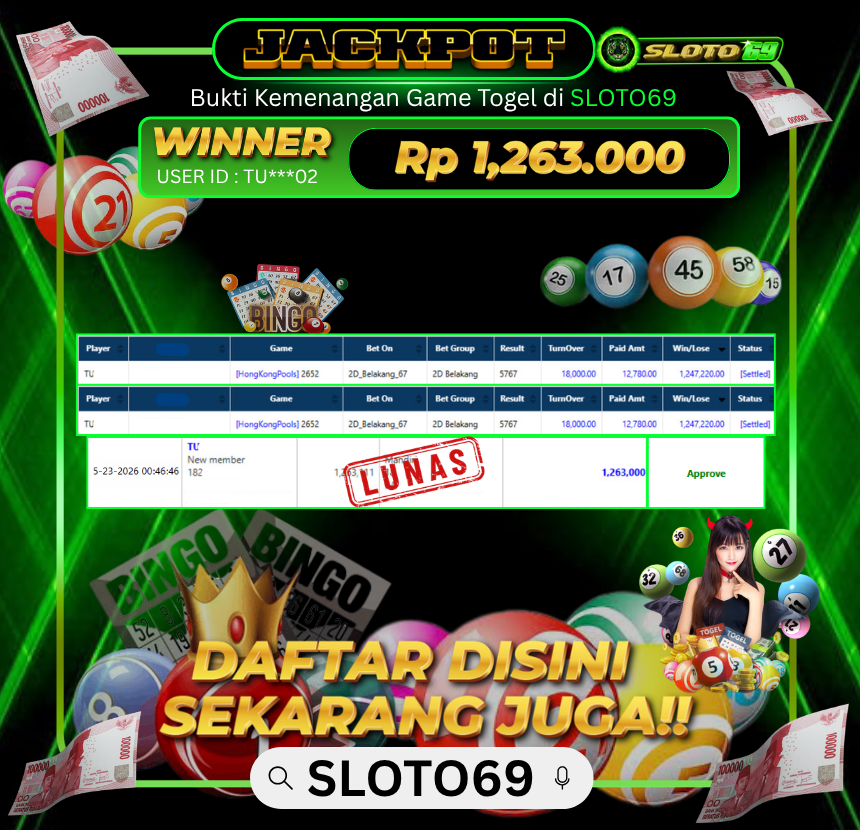 Bukti Jackpot LUNAS SLOTO69: Rp 1.263.000 dari TOGEL : HK ( HONGKONG )