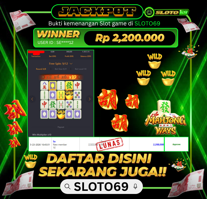 Bukti Jackpot LUNAS SLOTO69: Rp 2.200.000 dari PG SOFT : MAHJONG WAYS