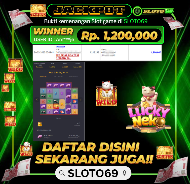 Bukti Jackpot LUNAS SLOTO69: Rp 1.200.000 dari PG SOFT : LUCKY NEKO