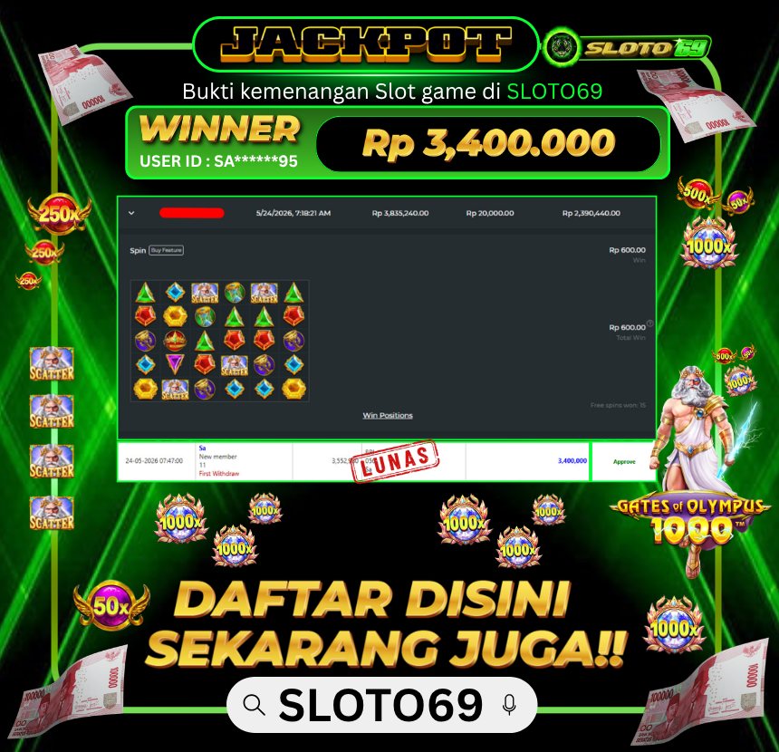 Bukti Jackpot LUNAS SLOTO69: Rp 3.400.000 dari PRAGMATIC PLAY : GATES OF OLYMPUS 1000