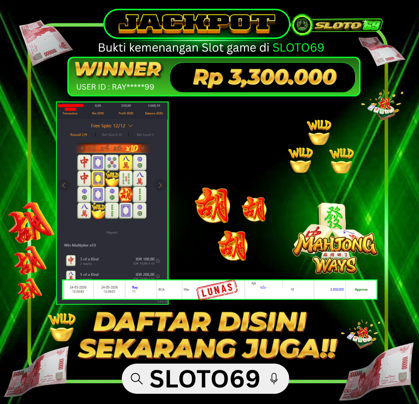 Bukti Jackpot LUNAS SLOTO69: Rp 3.300.000 dari PG SOFT : MAHJONG WAYS