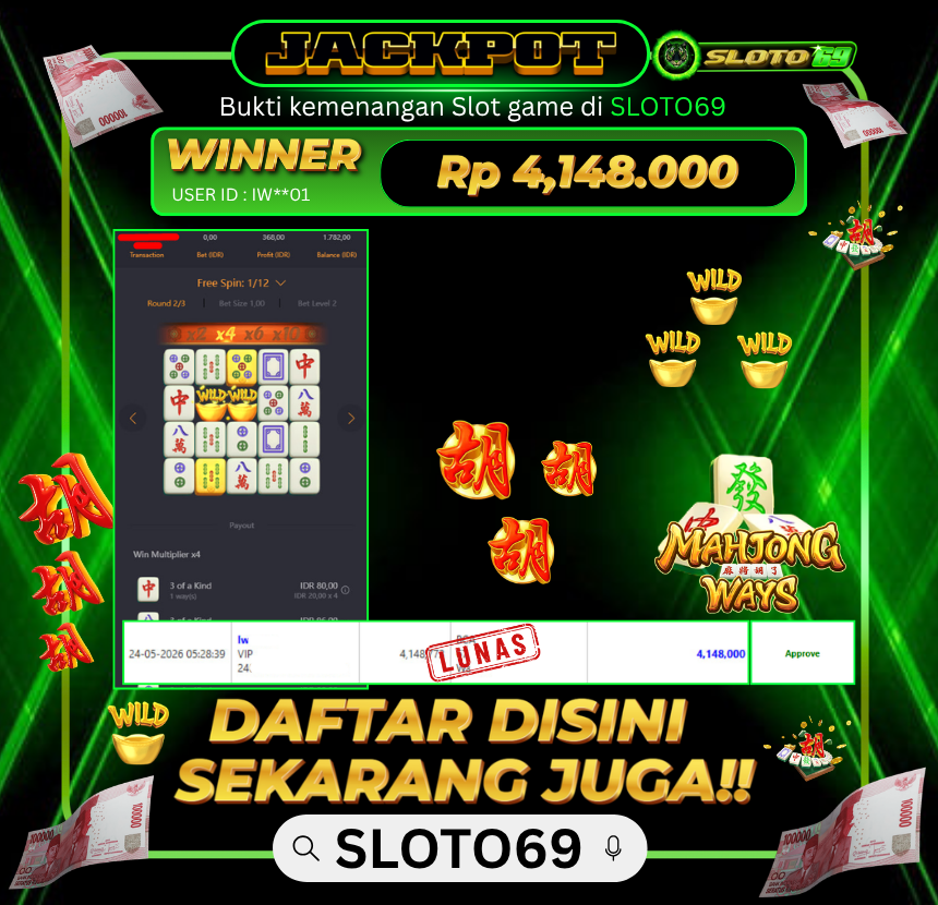 Bukti Jackpot LUNAS SLOTO69: Rp 4.148.000 dari PG SOFT : MAHJONG WAYS
