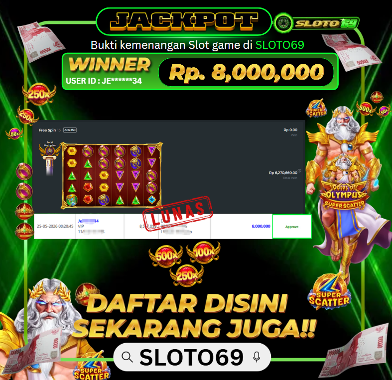 Bukti Jackpot LUNAS SLOTO69: Rp 8.000.000 dari PRAGMATIC PLAY : GATES OF OLYMPUS SUPER SCATTER