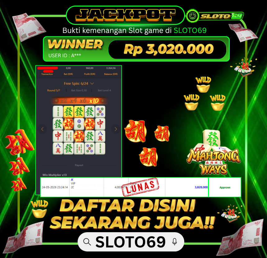 Bukti Jackpot LUNAS SLOTO69: Rp 3.020.000 dari PG SOFT : MAHJONG WAYS