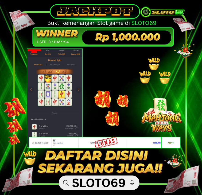 Bukti Jackpot LUNAS SLOTO69: Rp 1.000.000 dari PG SOFT : MAHJONG WAYS