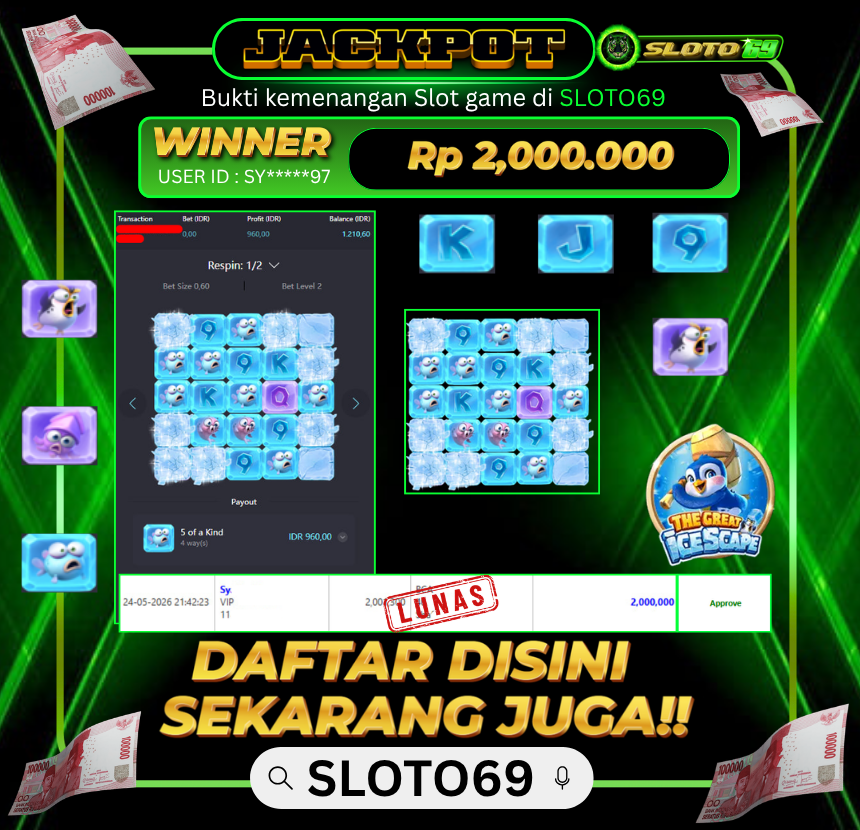Bukti Jackpot LUNAS SLOTO69: Rp 2.000.000 dari PG SOFT : THE GREAT ICE SCAPE