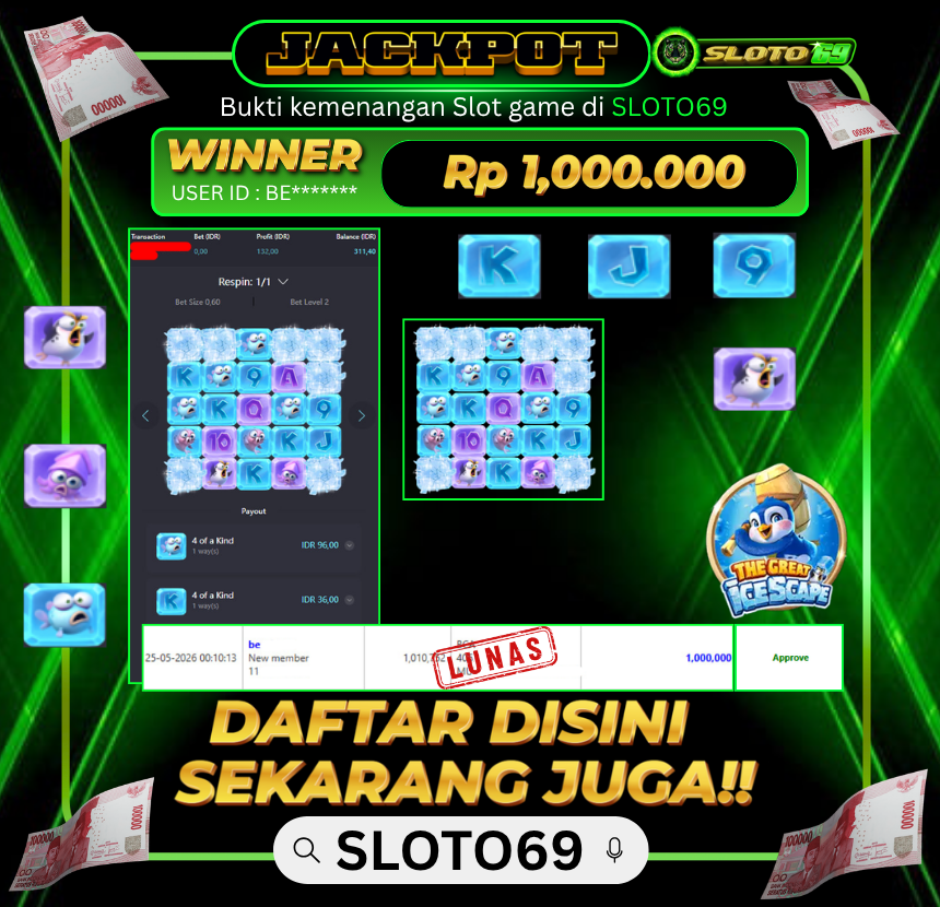 Bukti Jackpot LUNAS SLOTO69: Rp 1.000.000 dari PG SOFT : THE GREAT ICE SCAPE