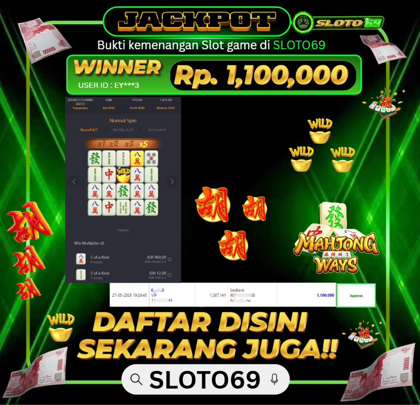 Bukti Jackpot LUNAS SLOTO69: Rp 1.100.000 dari PG SOFT : MAHJONG WAYS