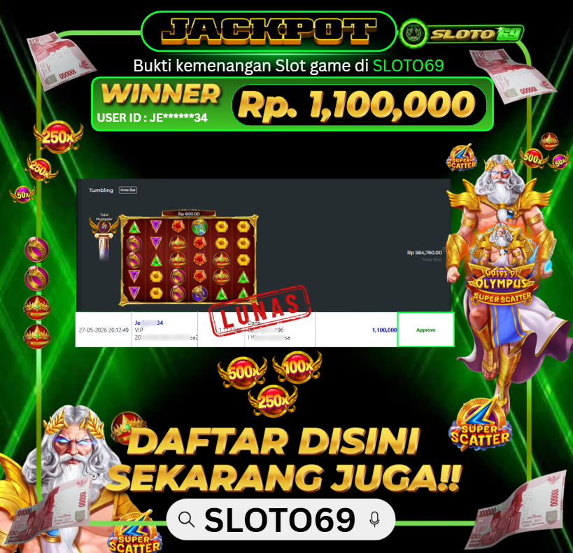 Bukti Jackpot LUNAS SLOTO69: Rp 1.100.000 dari PRAGMATIC PLAY : GATES OF OLYMPUS SUPER SCATTER