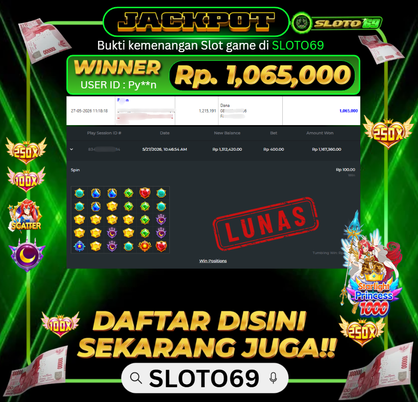 Bukti Jackpot LUNAS SLOTO69: Rp 1.065.000 dari PRAGMATIC PLAY : STARLIGHT PRINCESS 1000