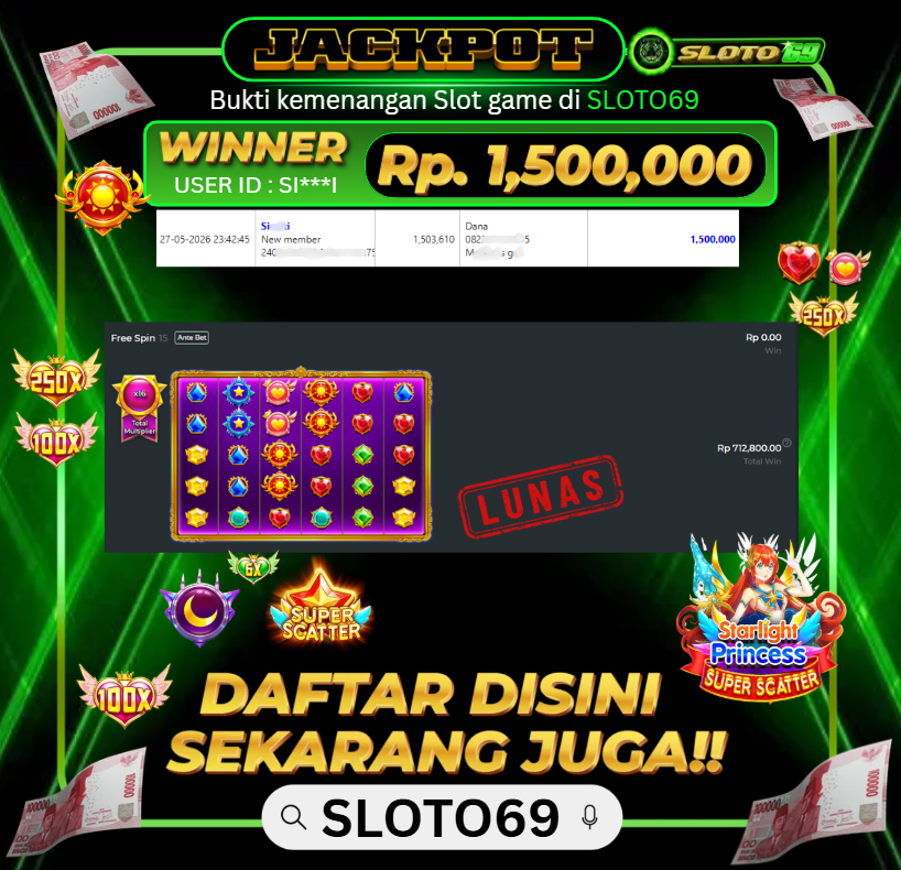 Bukti Jackpot LUNAS SLOTO69: Rp 1.500.000 dari PRAGMATIC PLAY : STARLIGHT PRINCESS SUPER SCATTER