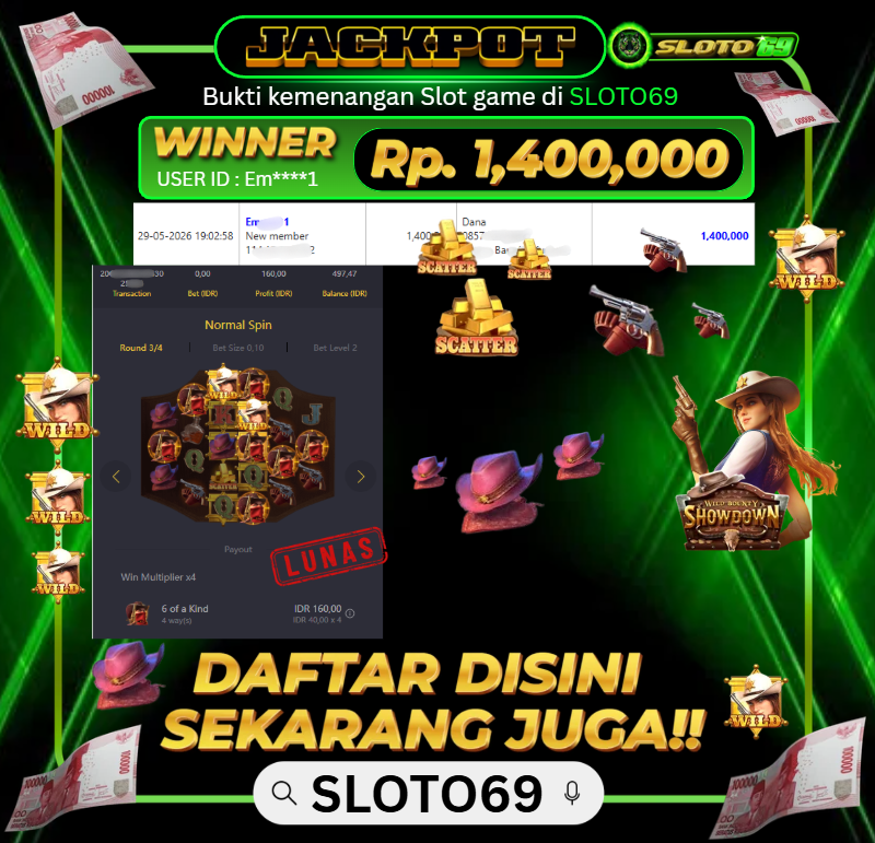 Bukti Jackpot LUNAS SLOTO69: Rp 1.400.000 dari PG SOFT : WILD BOUNTY SHOWDOWN