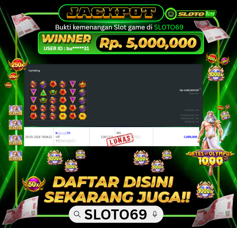 Bukti Jackpot LUNAS SLOTO69: Rp 5.000.000 dari PRAGMATIC PLAY : GATES OF OLYMPUS 1000