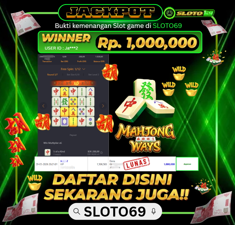 Bukti Jackpot LUNAS SLOTO69: Rp 1.000.000 dari PG SOFT : MAHJONG WAYS