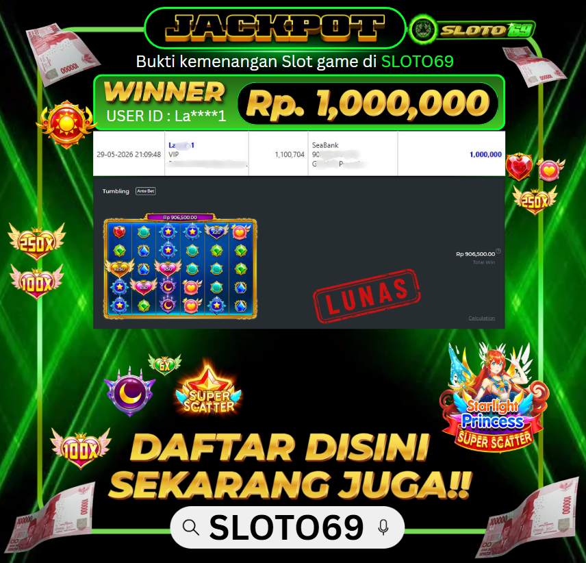 Bukti Jackpot LUNAS SLOTO69: Rp 1.000.000 dari PRAGMATIC PLAY : STARLIGHT PRINCESS SUPER SCATTER