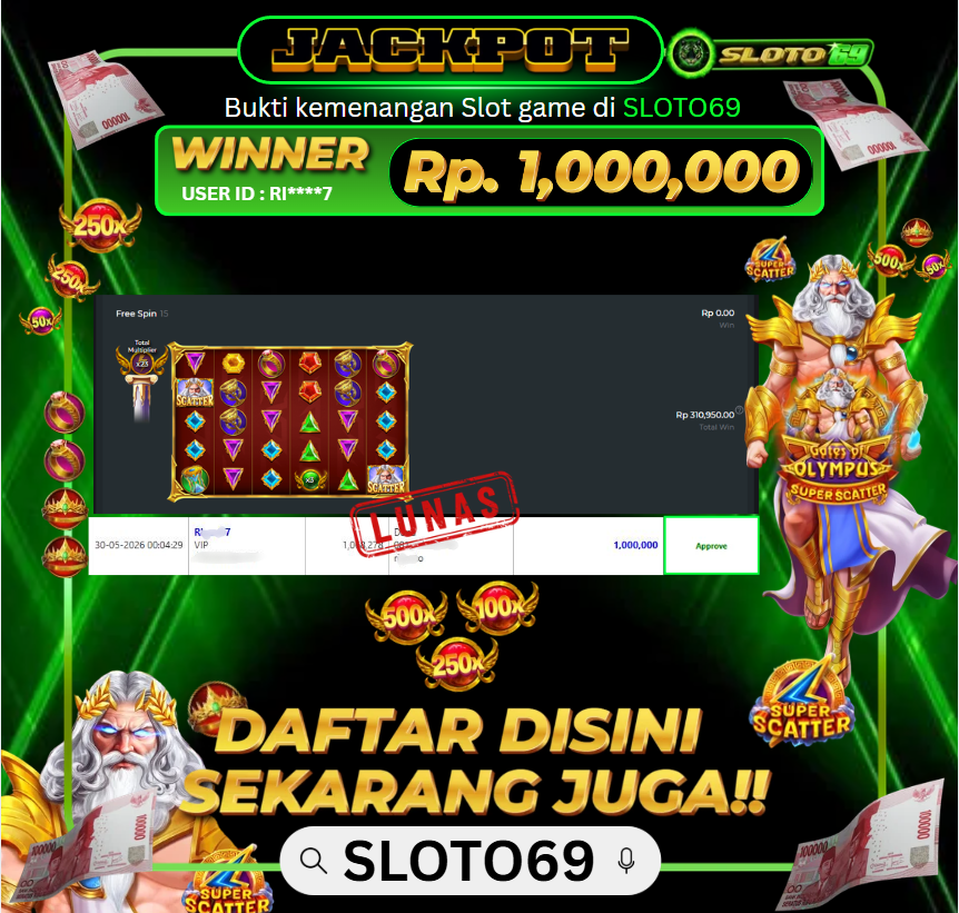Bukti Jackpot LUNAS SLOTO69: Rp 1.000.000 dari PRAGMATIC PLAY : GATES OF OLYMPUS SUPER SCATTER