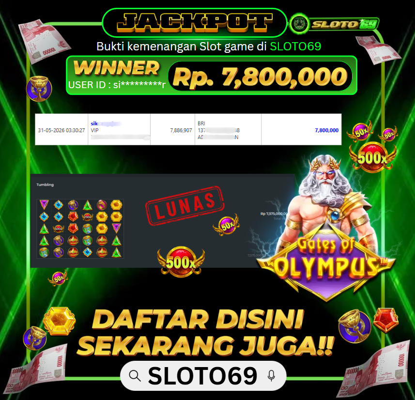 Bukti Jackpot LUNAS SLOTO69: Rp 7.800.000 dari PRAGMATIC PLAY : GATES OF OLYMPUS