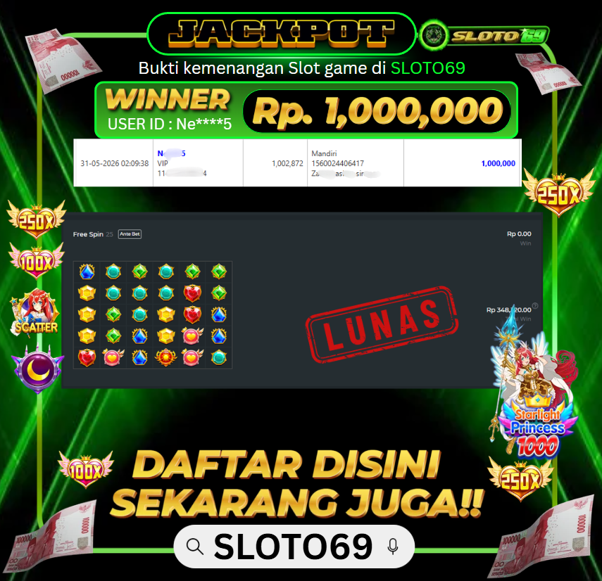 Bukti Jackpot LUNAS SLOTO69: Rp 1.000.000 dari PRAGMATIC PLAY : STARLIGHT PRINCESS 1000