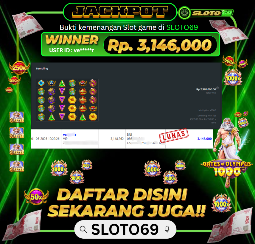 Bukti Jackpot LUNAS SLOTO69: Rp 3.146.000 dari PRAGMATIC PLAY : GATES OF OLYMPUS 1000
