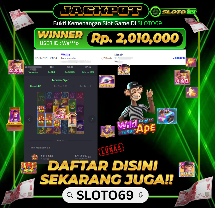 Bukti Jackpot LUNAS SLOTO69: Rp 2.010.000 dari PG SOFT: WILD APE #3258