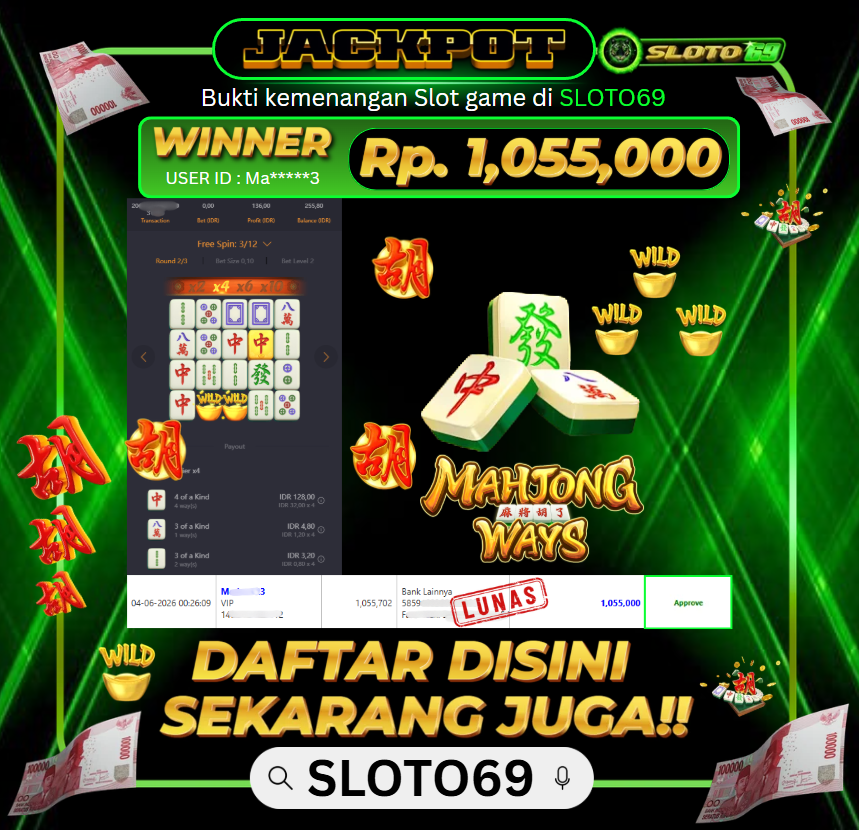 Bukti Jackpot LUNAS SLOTO69: Rp 1.055.000 dari PG SOFT : MAHJONG WAYS